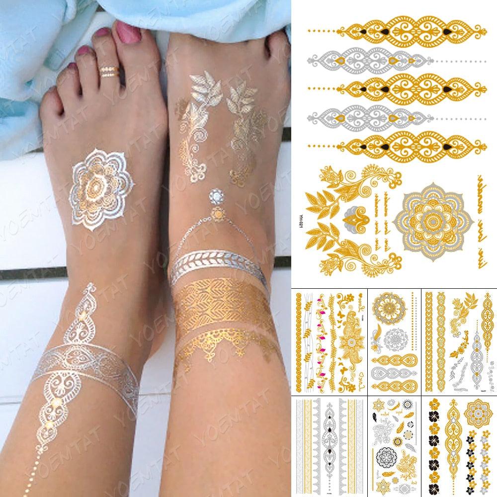 Nouvel Autocollant de Tatouage Temporaire Imperméable Doré Argenté Fleur Bijoux Flash Mode Différents Modèles Tatouages Pour Femmes