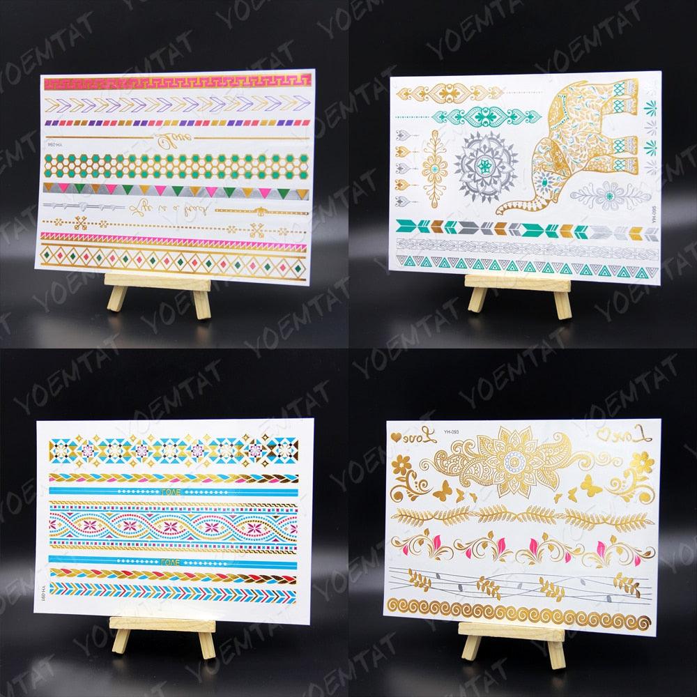 Nouvel Autocollant de Tatouage Temporaire Imperméable Doré Argenté Fleur Bijoux Flash Mode Différents Modèles Tatouages Pour Femmes
