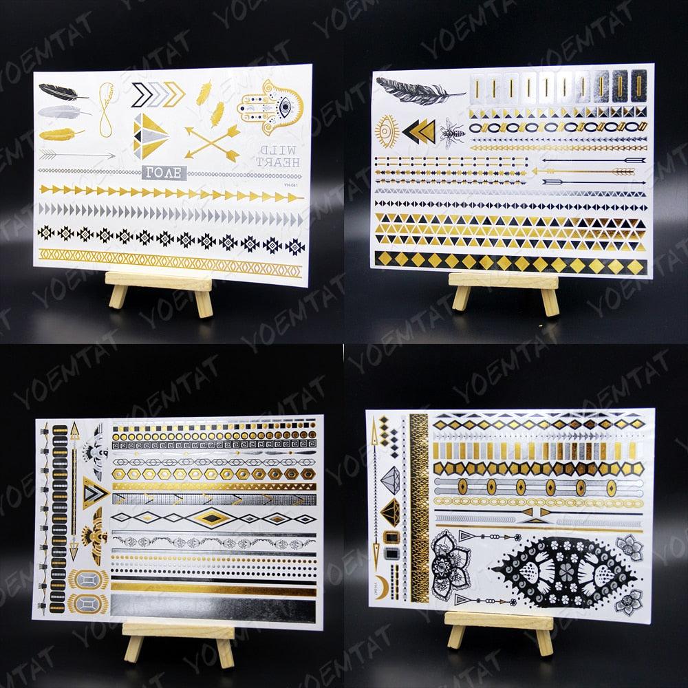Nouvel Autocollant de Tatouage Temporaire Imperméable Doré Argenté Fleur Bijoux Flash Mode Différents Modèles Tatouages Pour Femmes
