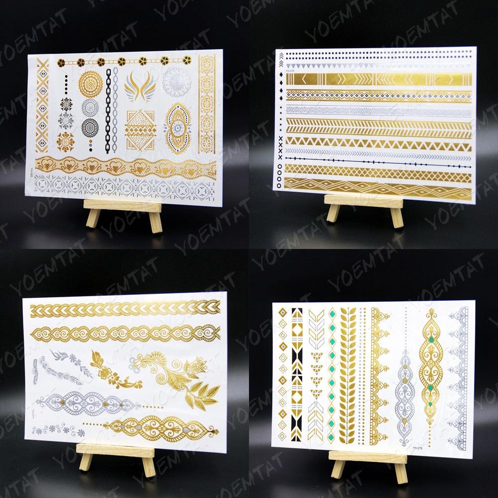 Nouvel Autocollant de Tatouage Temporaire Imperméable Doré Argenté Fleur Bijoux Flash Mode Différents Modèles Tatouages Pour Femmes