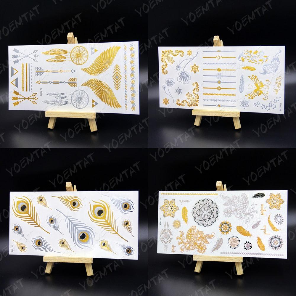Nouvel Autocollant de Tatouage Temporaire Imperméable Doré Argenté Fleur Bijoux Flash Mode Différents Modèles Tatouages Pour Femmes
