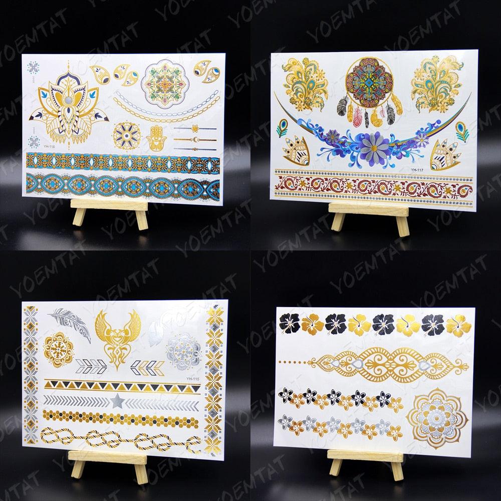 Nouvel Autocollant de Tatouage Temporaire Imperméable Doré Argenté Fleur Bijoux Flash Mode Différents Modèles Tatouages Pour Femmes