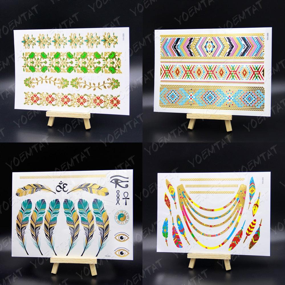 Nouvel Autocollant de Tatouage Temporaire Imperméable Doré Argenté Fleur Bijoux Flash Mode Différents Modèles Tatouages Pour Femmes
