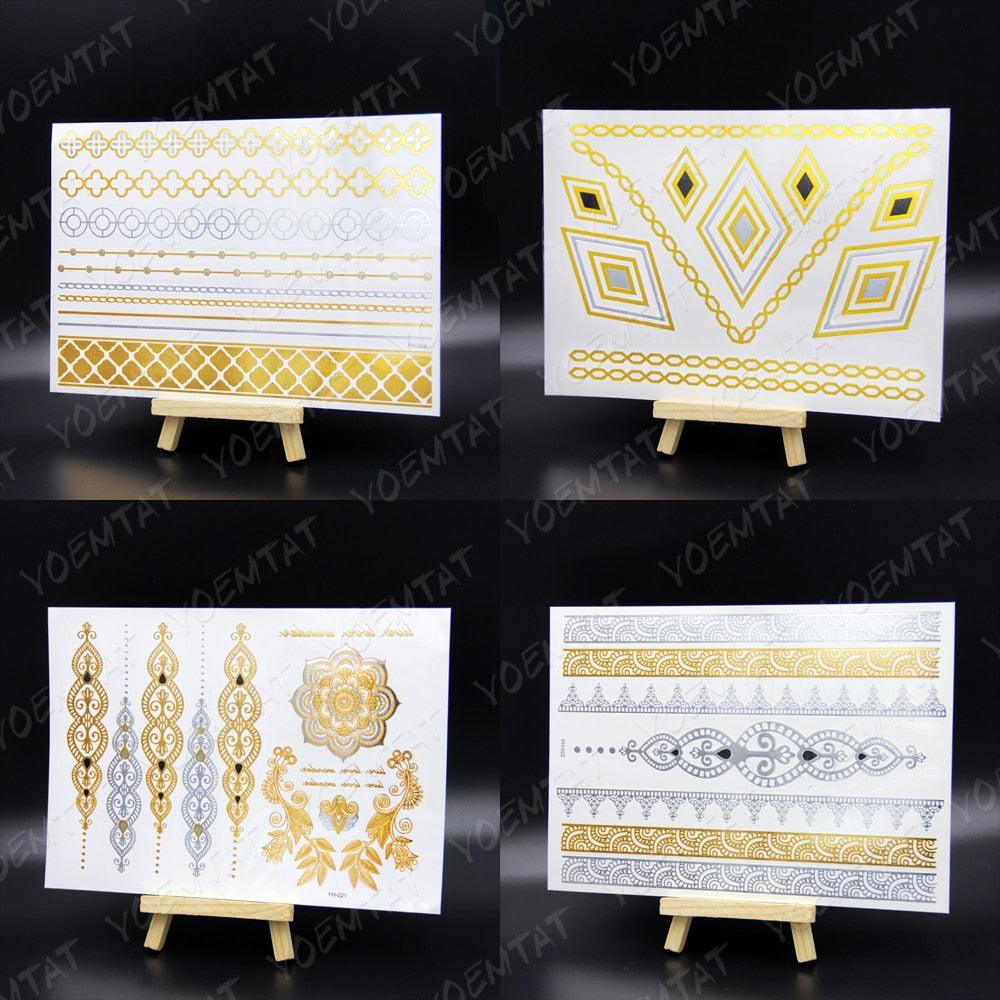 Nouvel Autocollant de Tatouage Temporaire Imperméable Doré Argenté Fleur Bijoux Flash Mode Différents Modèles Tatouages Pour Femmes
