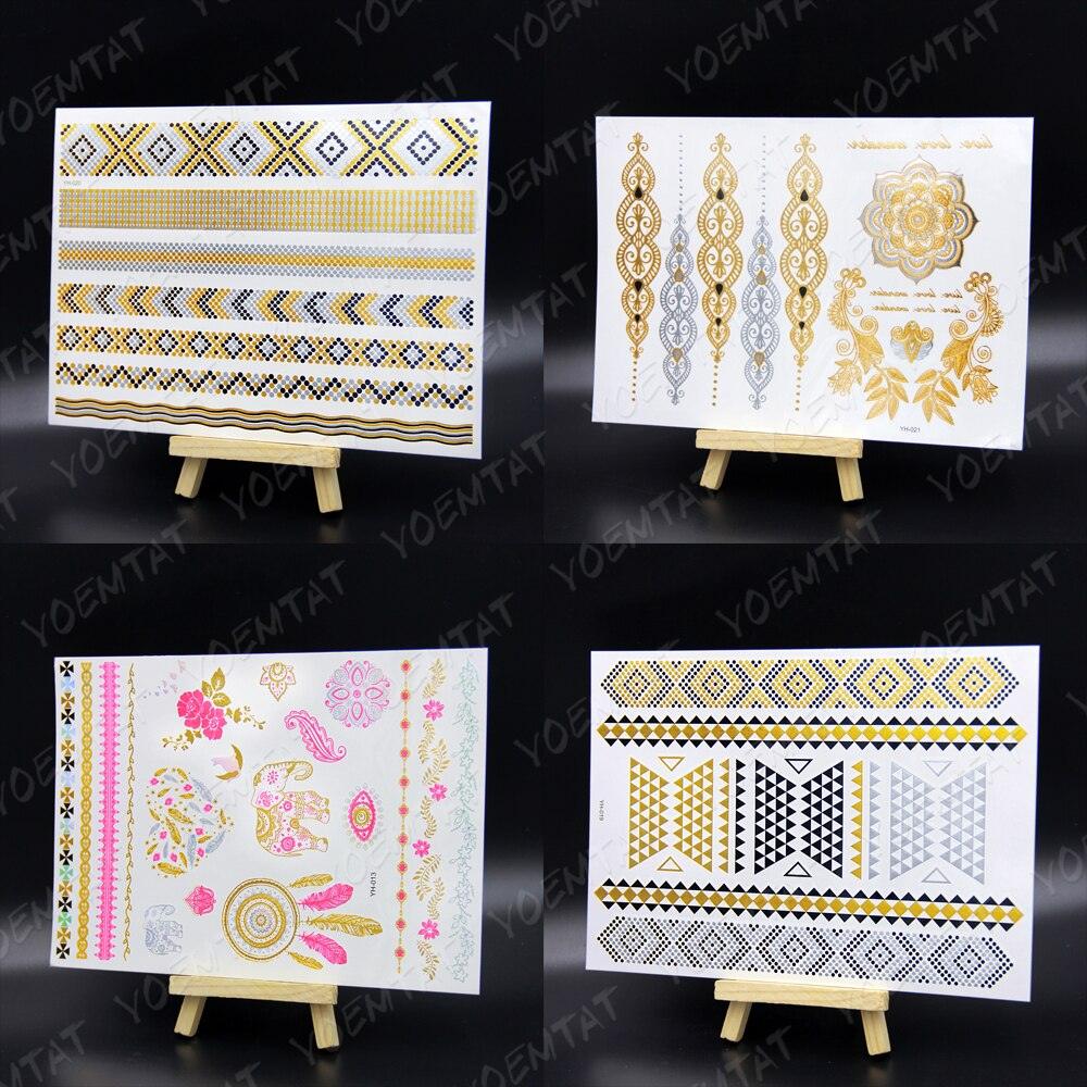 Nouvel Autocollant de Tatouage Temporaire Imperméable Doré Argenté Fleur Bijoux Flash Mode Différents Modèles Tatouages Pour Femmes