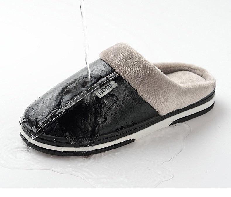 Nouvelles pantoufles d'hiver en cuir PU mignonnes en peluche pour femmes et hommes, chaussures décontractées chaudes et moelleuses, pantoufles d'intérieur douces et confortables en mousse à mémoire de forme pour hommes