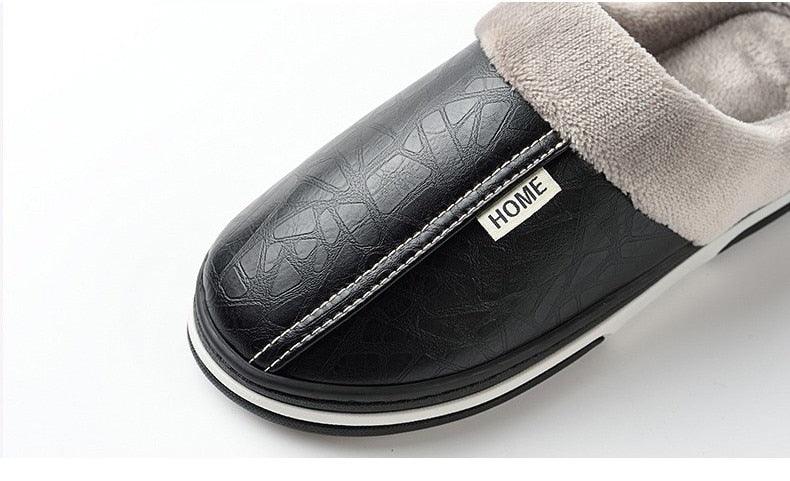 Nouvelles pantoufles d'hiver en cuir PU mignonnes en peluche pour femmes et hommes, chaussures décontractées chaudes et moelleuses, pantoufles d'intérieur douces et confortables en mousse à mémoire de forme pour hommes