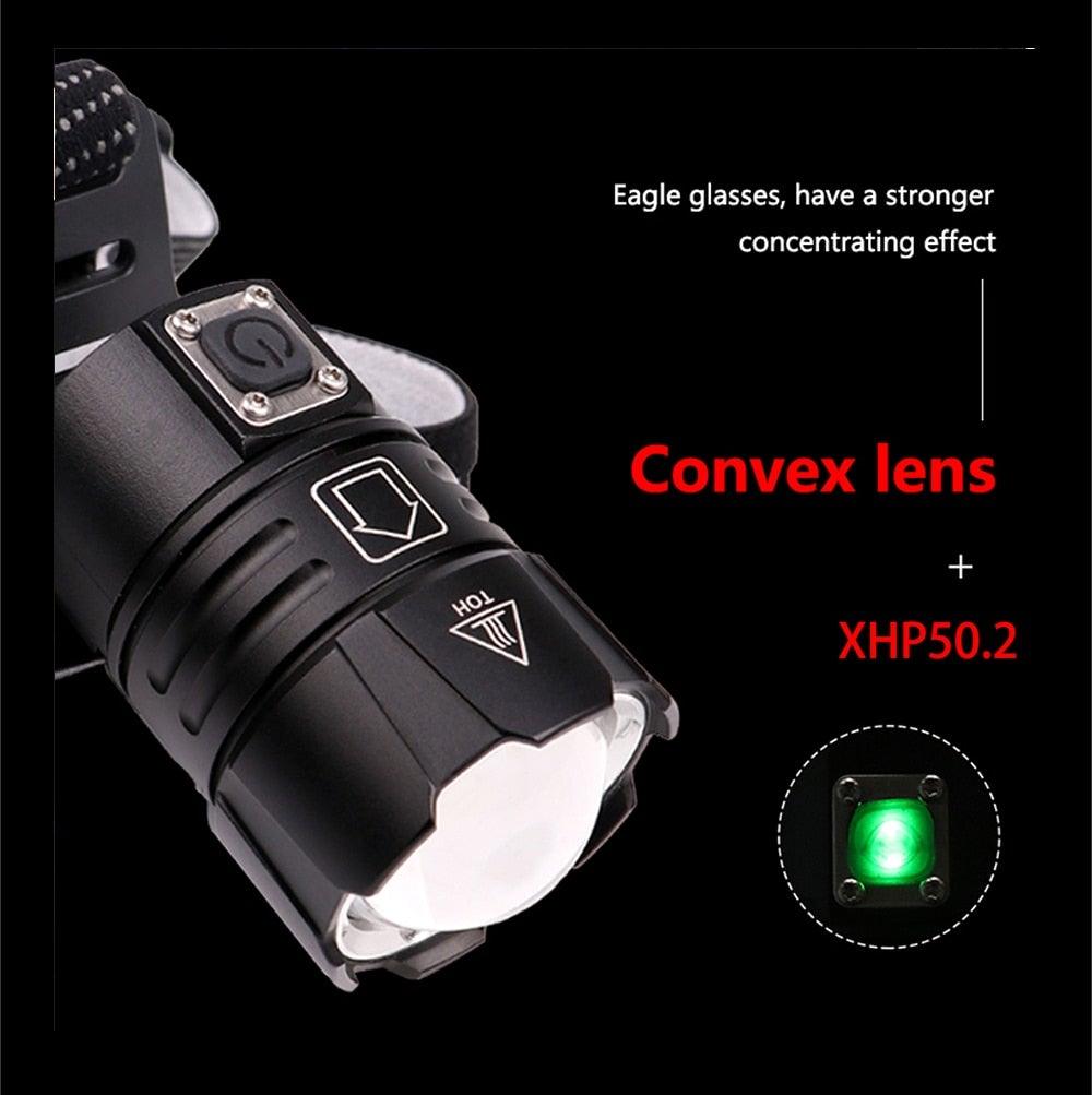 Lampe Frontale Lanterne XHP199 16 cœurs la plus récente étanche super lumineuse et puissante XHP110 LED USB Lampe de poche XHP50 Phare rechargeable 18650 Zoom Torche