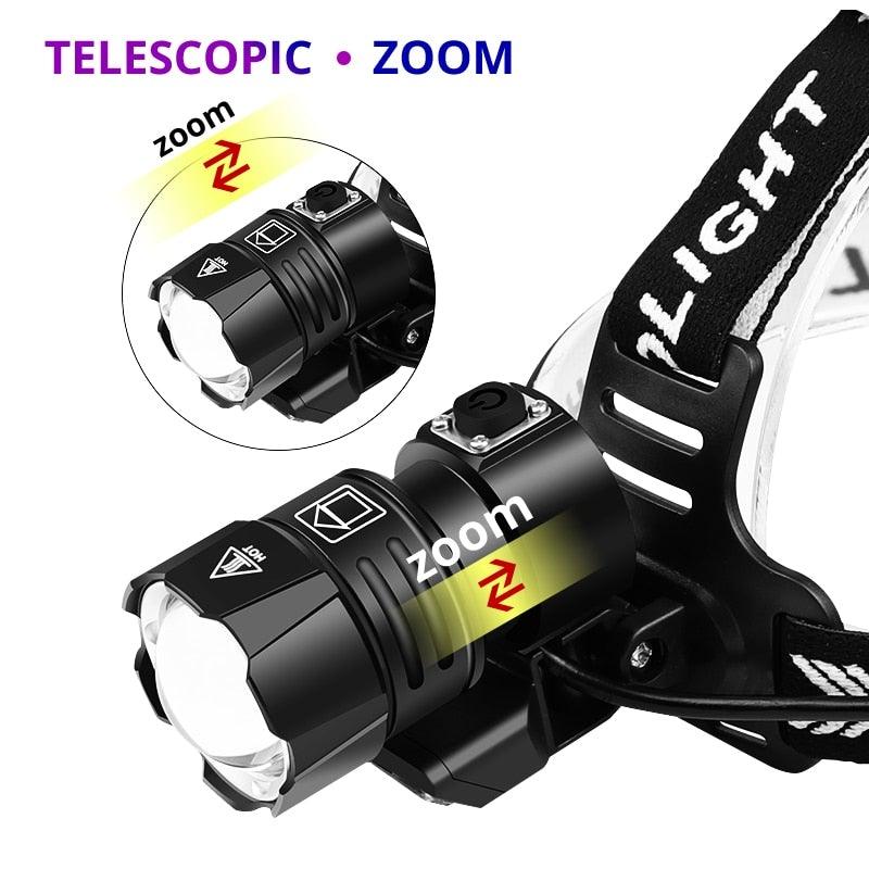 Lampe Frontale Lanterne XHP199 16 cœurs la plus récente étanche super lumineuse et puissante XHP110 LED USB Lampe de poche XHP50 Phare rechargeable 18650 Zoom Torche