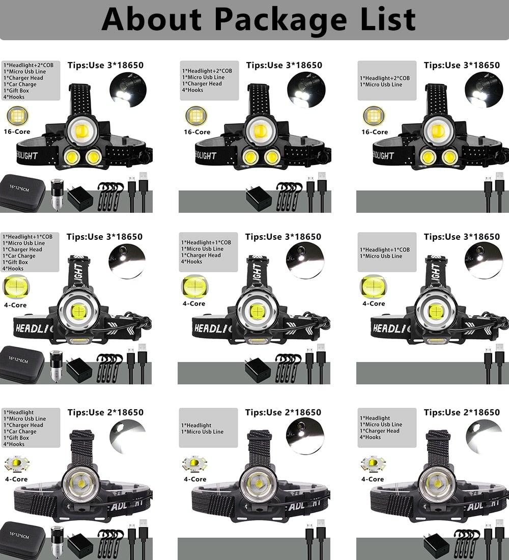 Lampe Frontale Lanterne XHP199 16 cœurs la plus récente étanche super lumineuse et puissante XHP110 LED USB Lampe de poche XHP50 Phare rechargeable 18650 Zoom Torche