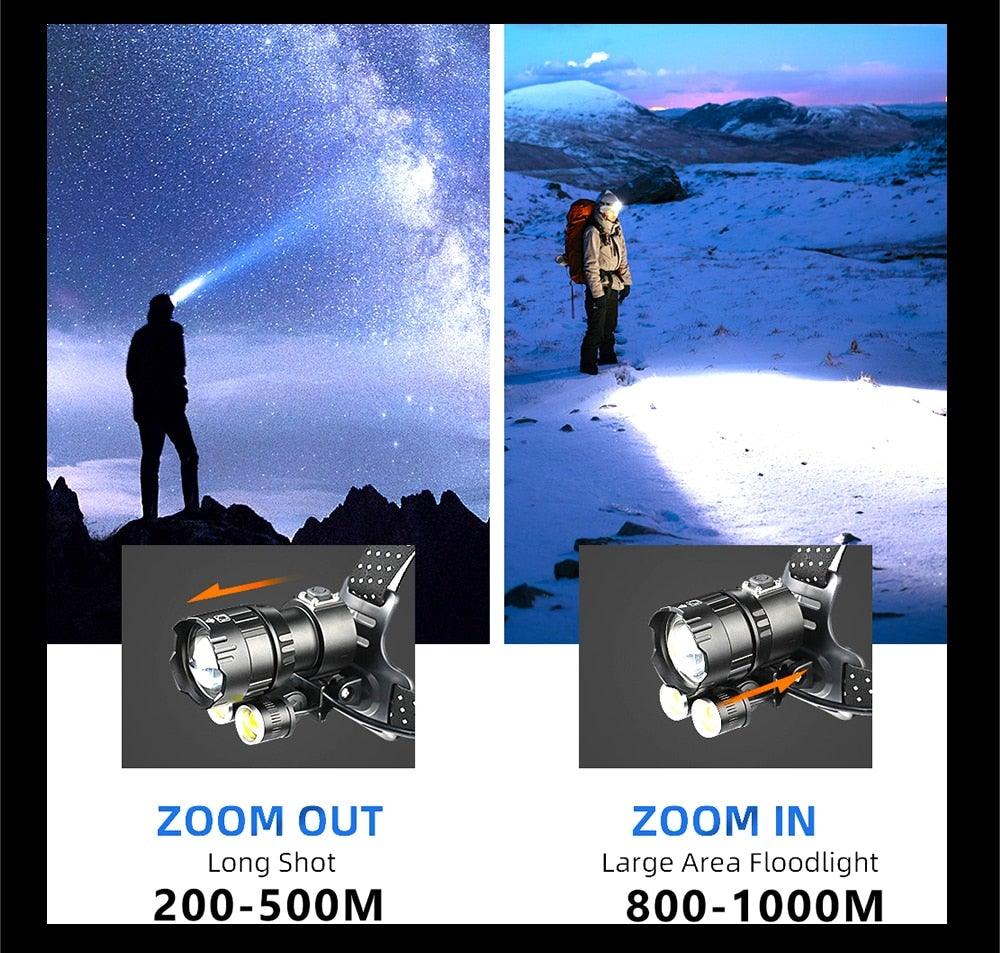 Lampe Frontale Lanterne XHP199 16 cœurs la plus récente étanche super lumineuse et puissante XHP110 LED USB Lampe de poche XHP50 Phare rechargeable 18650 Zoom Torche
