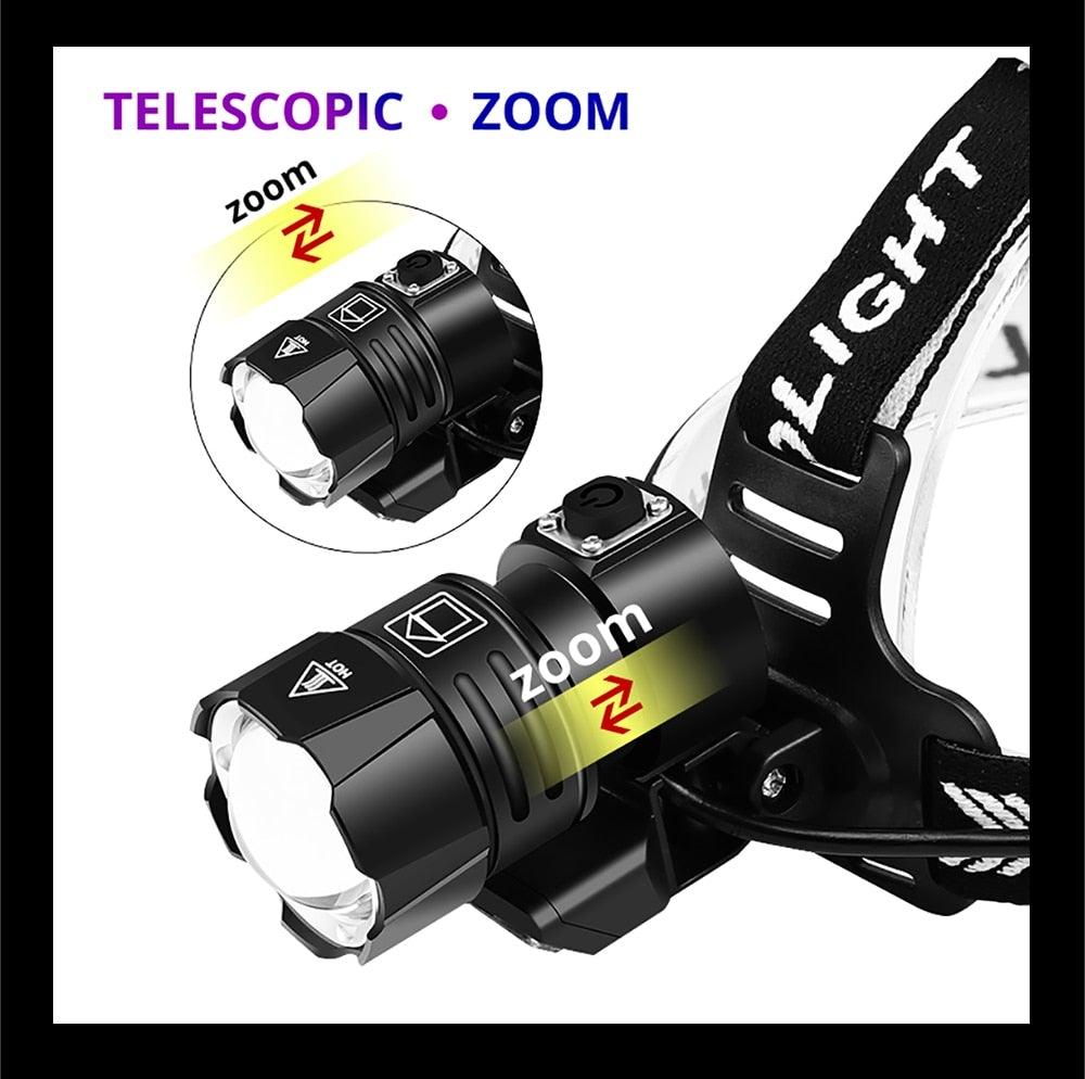 Lampe Frontale Lanterne XHP199 16 cœurs la plus récente étanche super lumineuse et puissante XHP110 LED USB Lampe de poche XHP50 Phare rechargeable 18650 Zoom Torche