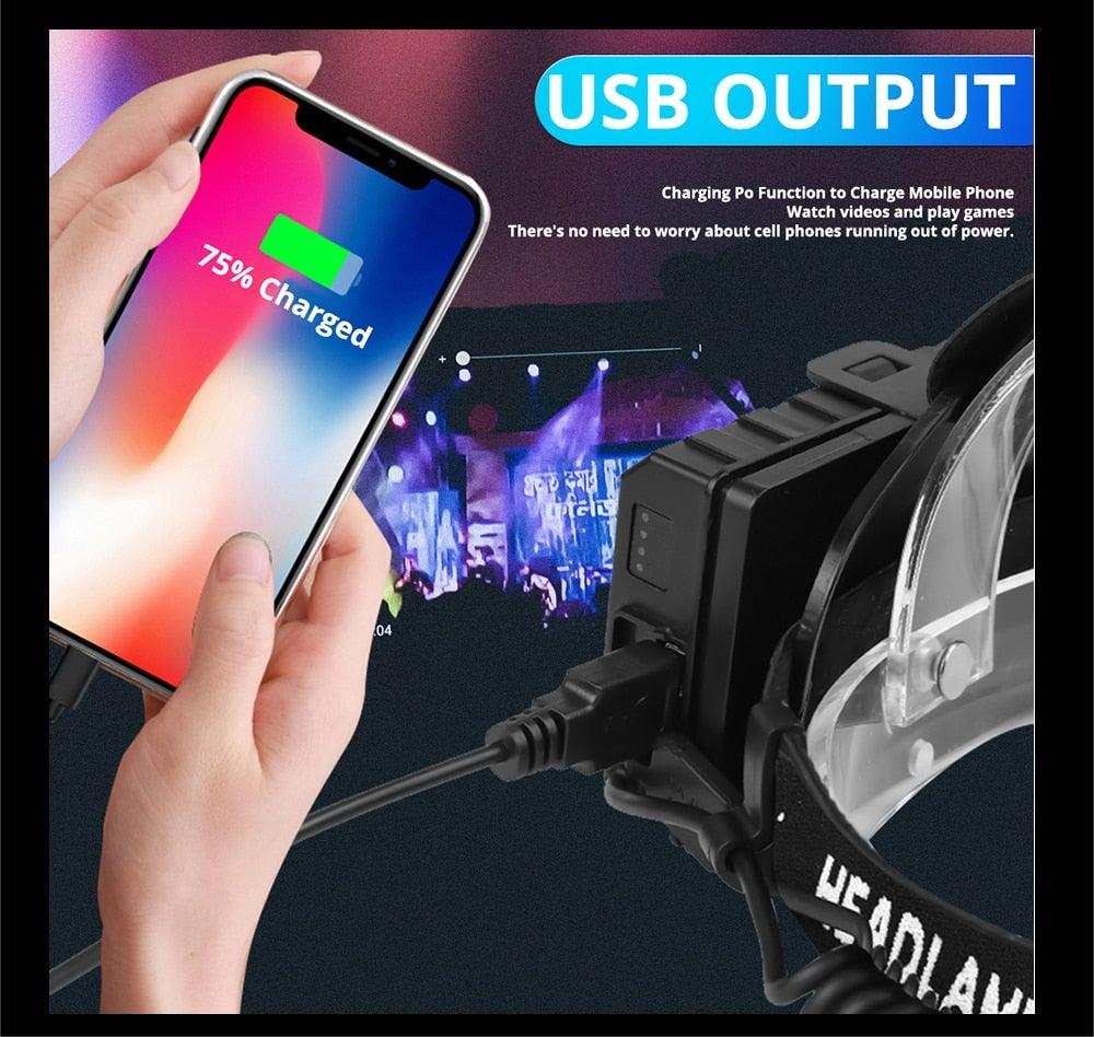 Lampe Frontale Lanterne XHP199 16 cœurs la plus récente étanche super lumineuse et puissante XHP110 LED USB Lampe de poche XHP50 Phare rechargeable 18650 Zoom Torche