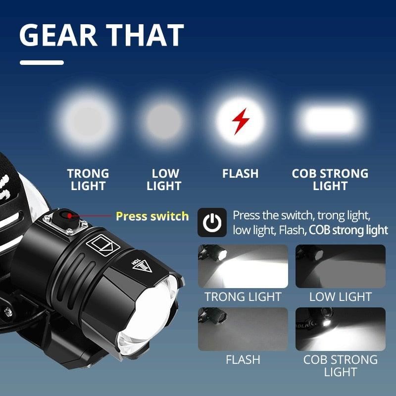 Lampe Frontale Lanterne XHP199 16 cœurs la plus récente étanche super lumineuse et puissante XHP110 LED USB Lampe de poche XHP50 Phare rechargeable 18650 Zoom Torche