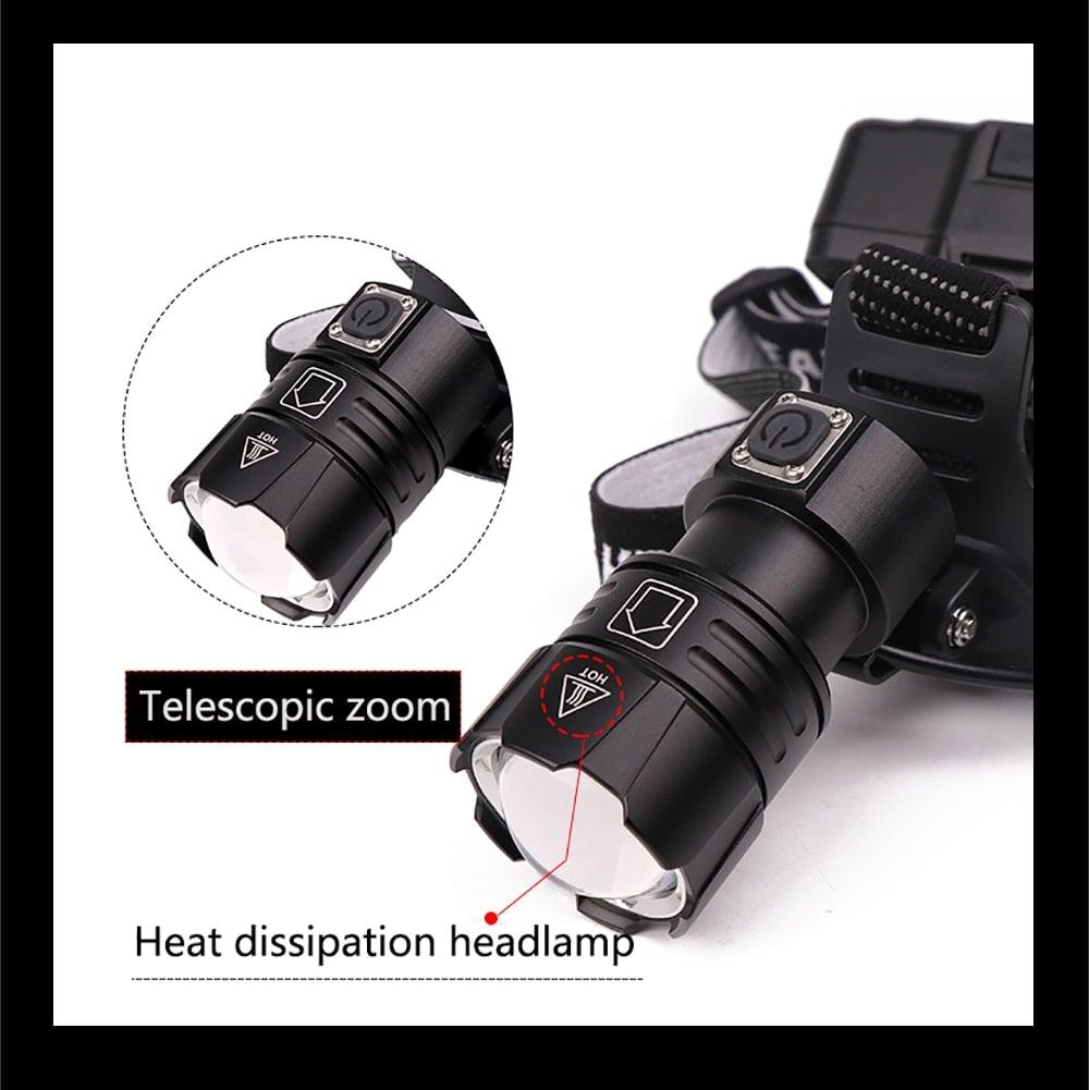 Lampe Frontale Lanterne XHP199 16 cœurs la plus récente étanche super lumineuse et puissante XHP110 LED USB Lampe de poche XHP50 Phare rechargeable 18650 Zoom Torche