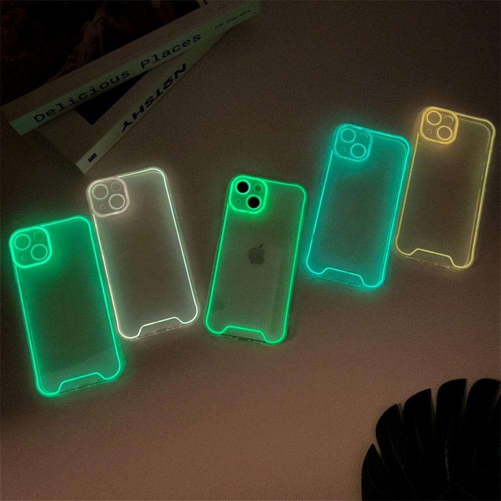 Coque de téléphone lumineuse en silicone pour iPhone 14 13 12 11 Pro Max XR X XS 14 Plus, transparente antichoc, fluorescente, souple, avec protection d'appareil photo pour iPhone