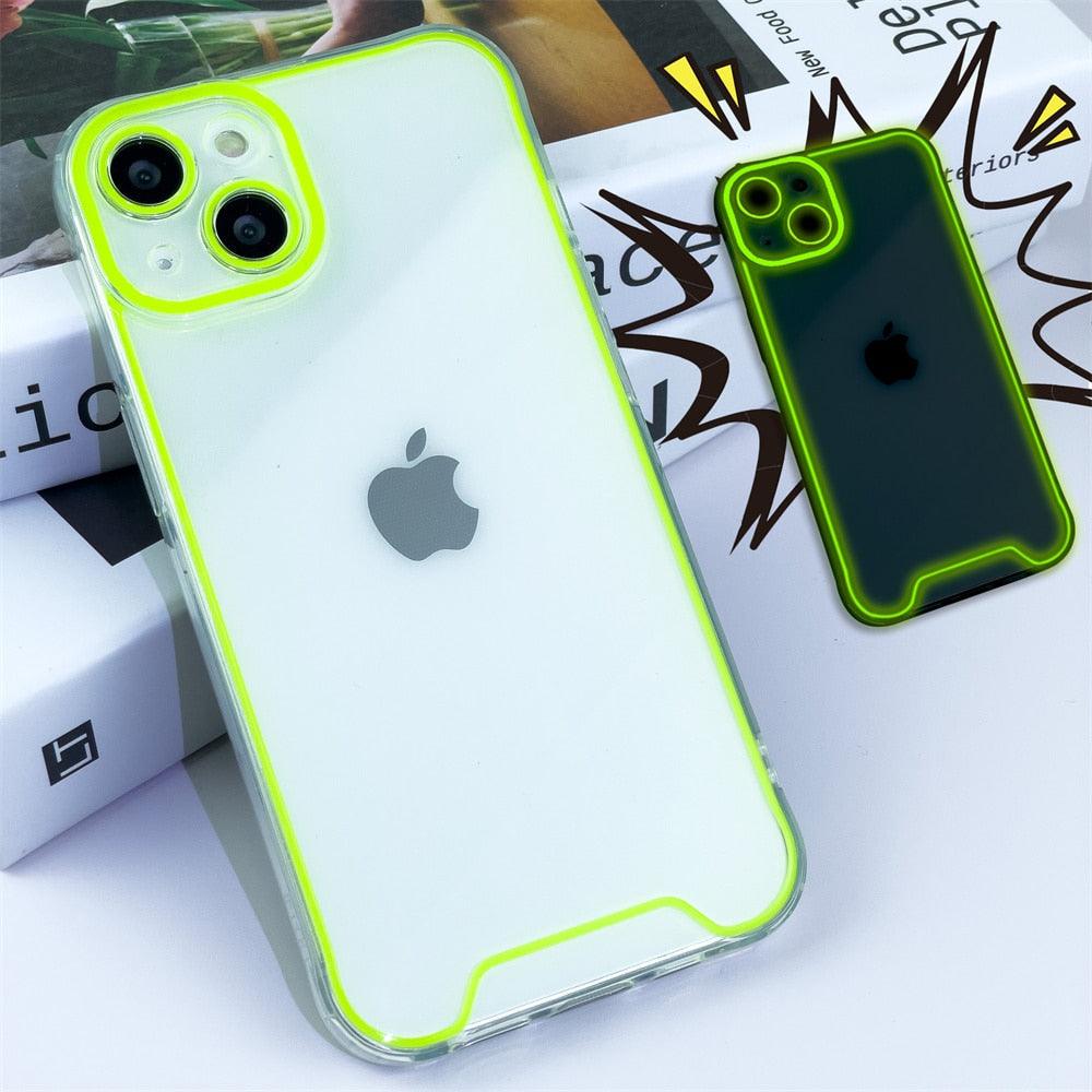 Coque de téléphone lumineuse en silicone pour iPhone 14 13 12 11 Pro Max XR X XS 14 Plus, transparente antichoc, fluorescente, souple, avec protection d'appareil photo pour iPhone