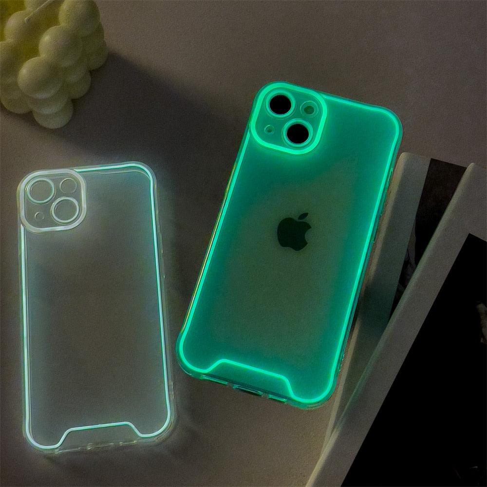 Coque de téléphone lumineuse en silicone pour iPhone 14 13 12 11 Pro Max XR X XS 14 Plus, transparente antichoc, fluorescente, souple, avec protection d'appareil photo pour iPhone
