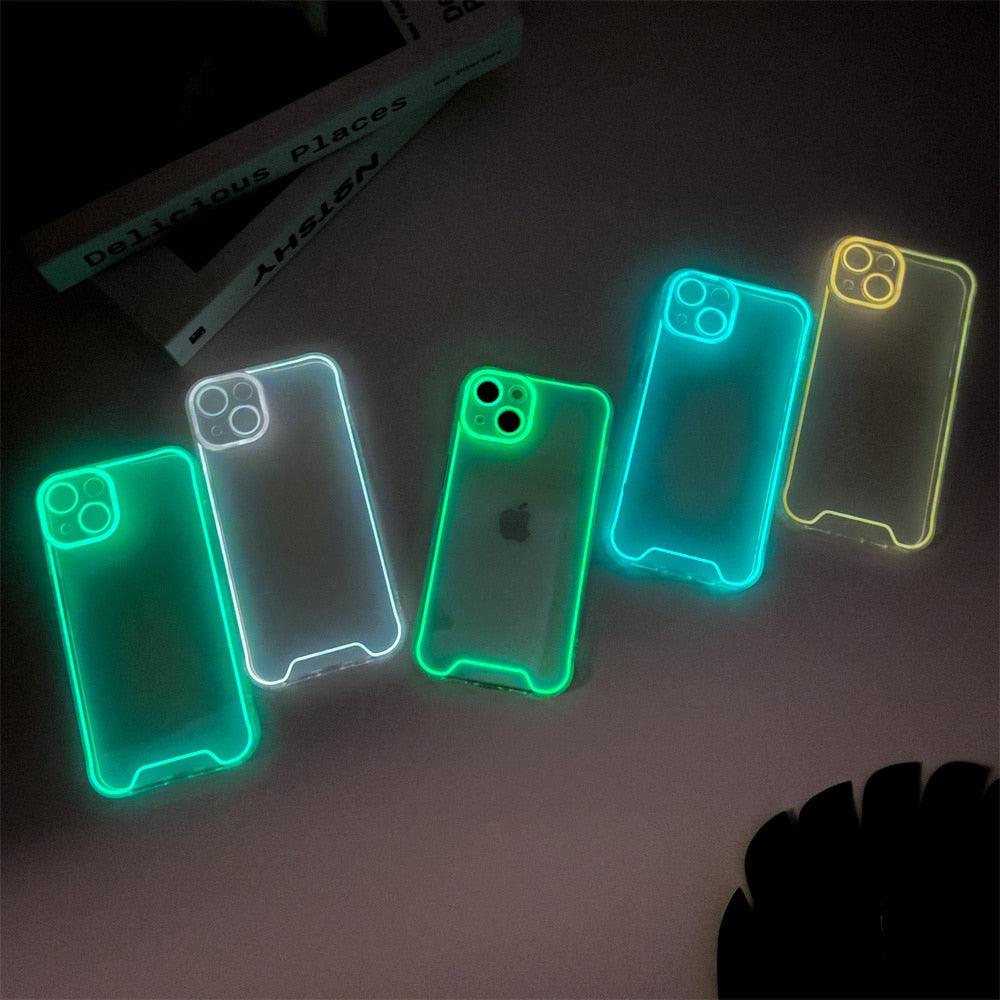 Coque de téléphone lumineuse en silicone pour iPhone 14 13 12 11 Pro Max XR X XS 14 Plus, transparente antichoc, fluorescente, souple, avec protection d'appareil photo pour iPhone