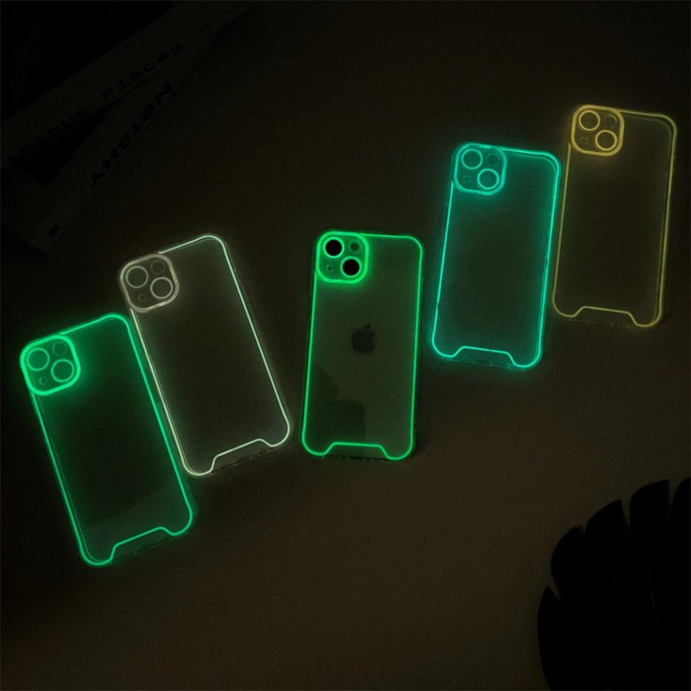 Coque de téléphone lumineuse en silicone pour iPhone 14 13 12 11 Pro Max XR X XS 14 Plus, transparente antichoc, fluorescente, souple, avec protection d'appareil photo pour iPhone