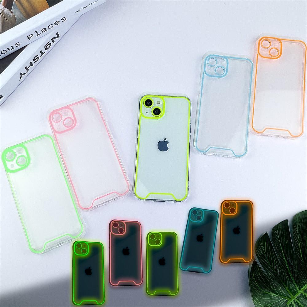 Coque de téléphone lumineuse en silicone pour iPhone 14 13 12 11 Pro Max XR X XS 14 Plus, transparente antichoc, fluorescente, souple, avec protection d'appareil photo pour iPhone