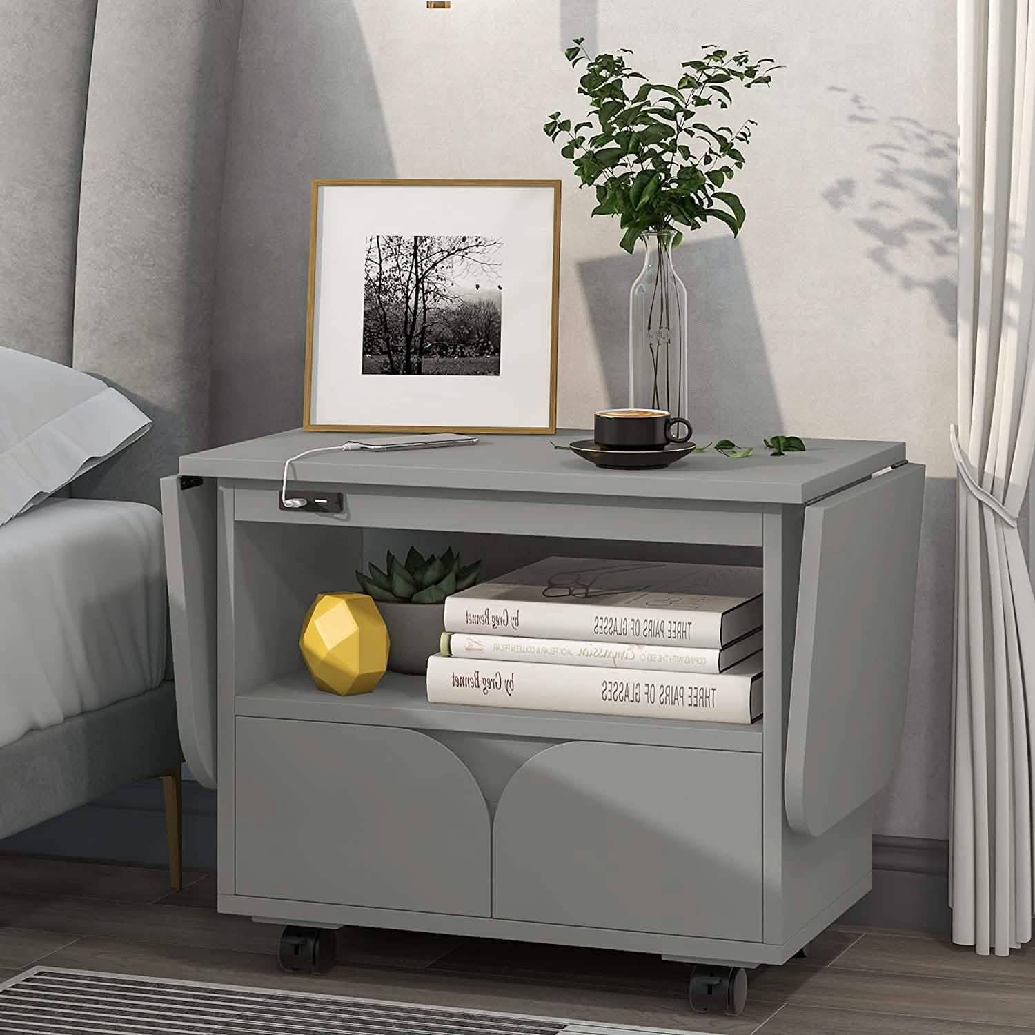 Table de chevet avec port USB et plateau pliable