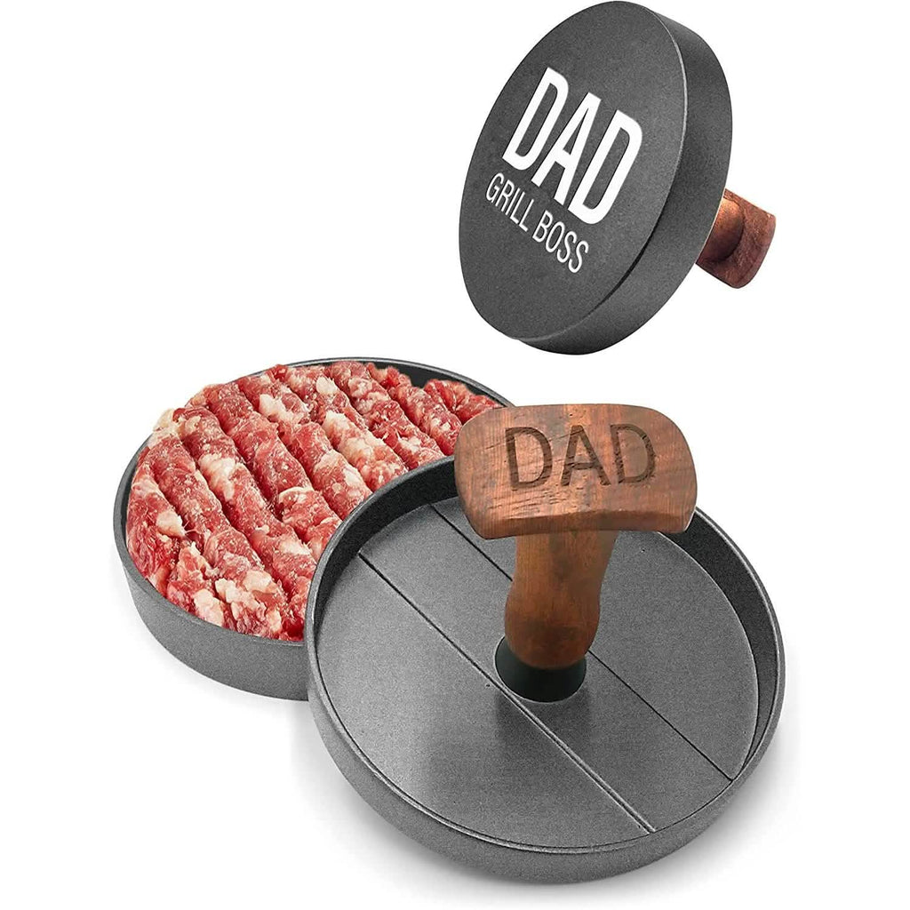 Presse à hamburger antiadhésive en aluminium pour galettes de viande BBQ – Motif « Papa, roi du grill »
