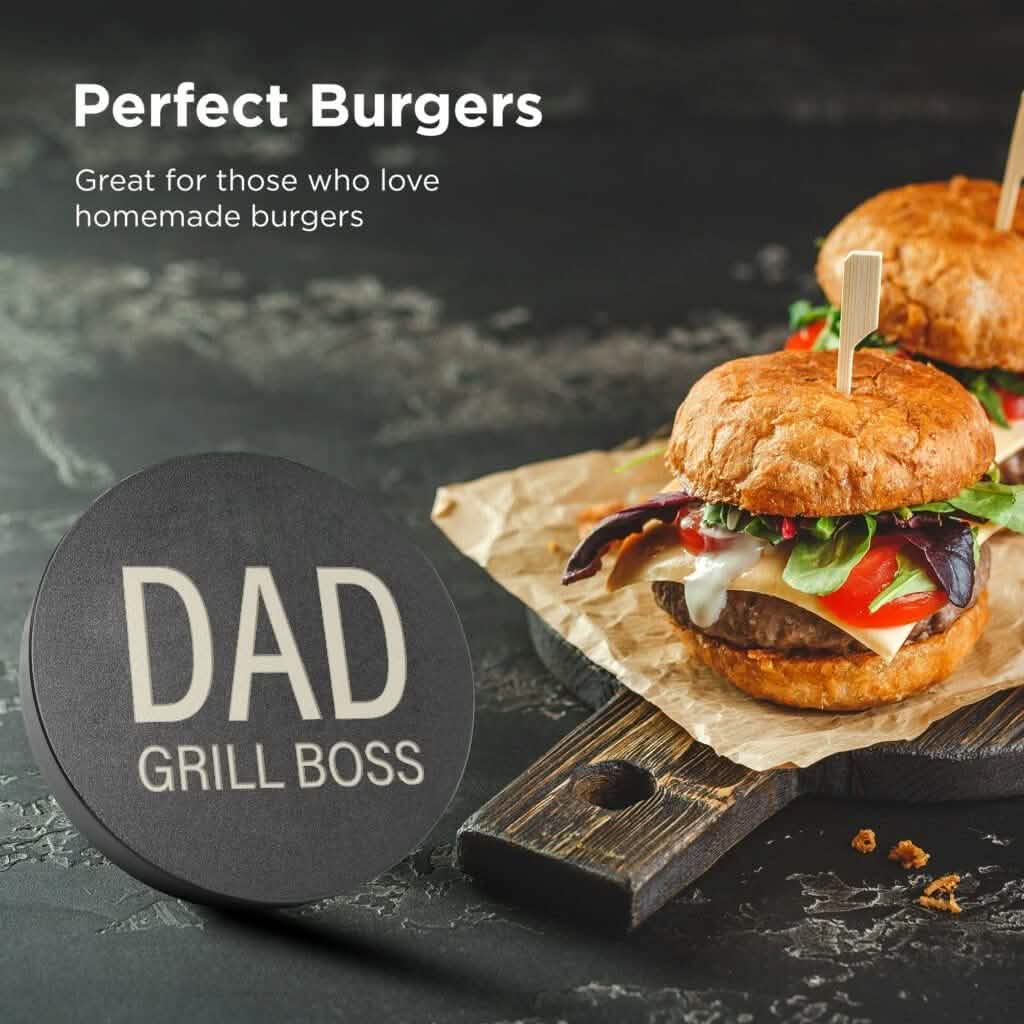 Presse à hamburger antiadhésive en aluminium pour galettes de viande BBQ – Motif « Papa, roi du grill »