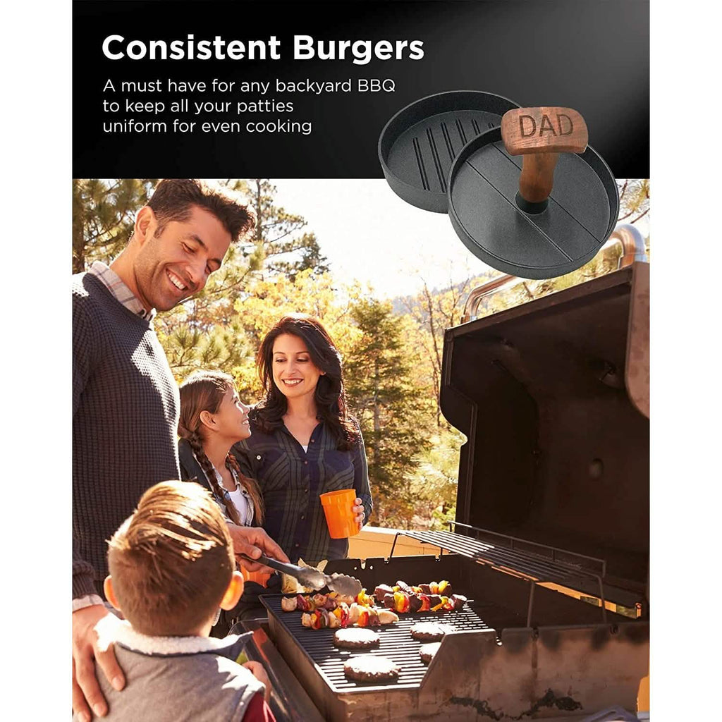 Presse à hamburger antiadhésive en aluminium pour galettes de viande BBQ – Motif « Papa, roi du grill »