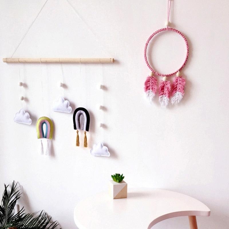 Nuage en feutre mignon de style nordique plus sain, fait à la main, suspension murale, conte de fées, ornement en bois, pompon, pendentif, décorations à suspendre pour chambre d'enfant, accessoires de photographie
