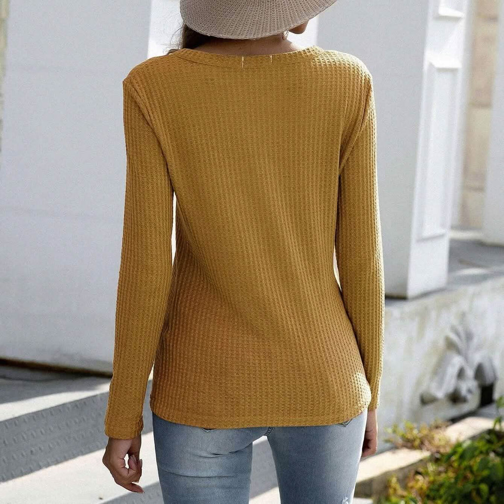T-shirt en maille gaufrée unie à encolure en V