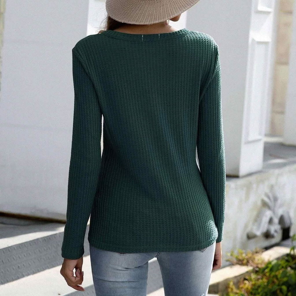 T-shirt en maille gaufrée unie à encolure en V