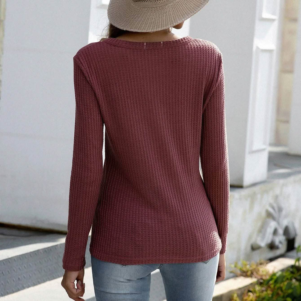 T-shirt en maille gaufrée unie à encolure en V