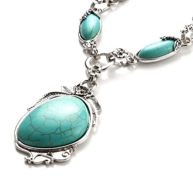 Novadab Collier long plaqué argent turquoise tibétaine antique