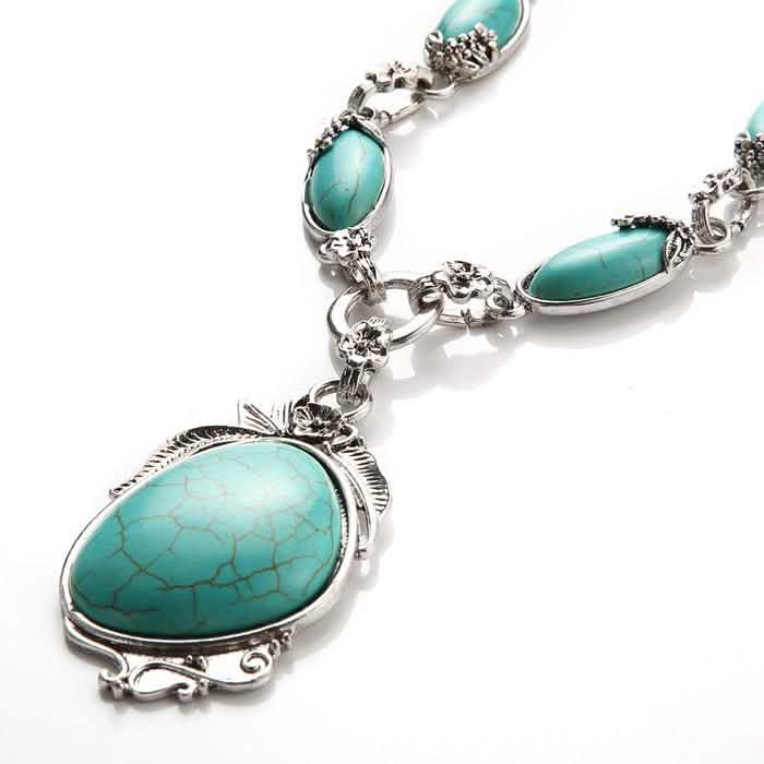 Novadab Collier long plaqué argent turquoise tibétaine antique