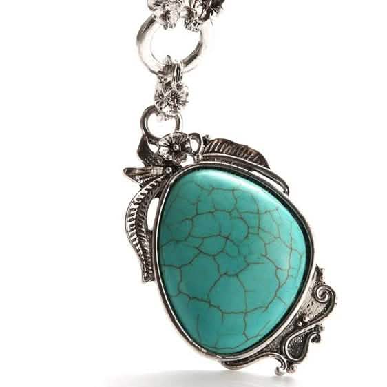 Novadab Collier long plaqué argent turquoise tibétaine antique