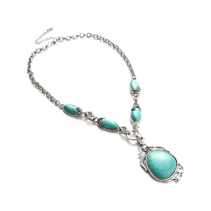 Novadab Collier long plaqué argent turquoise tibétaine antique