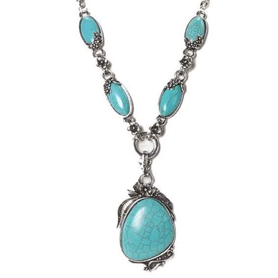 Novadab Collier long plaqué argent turquoise tibétaine antique