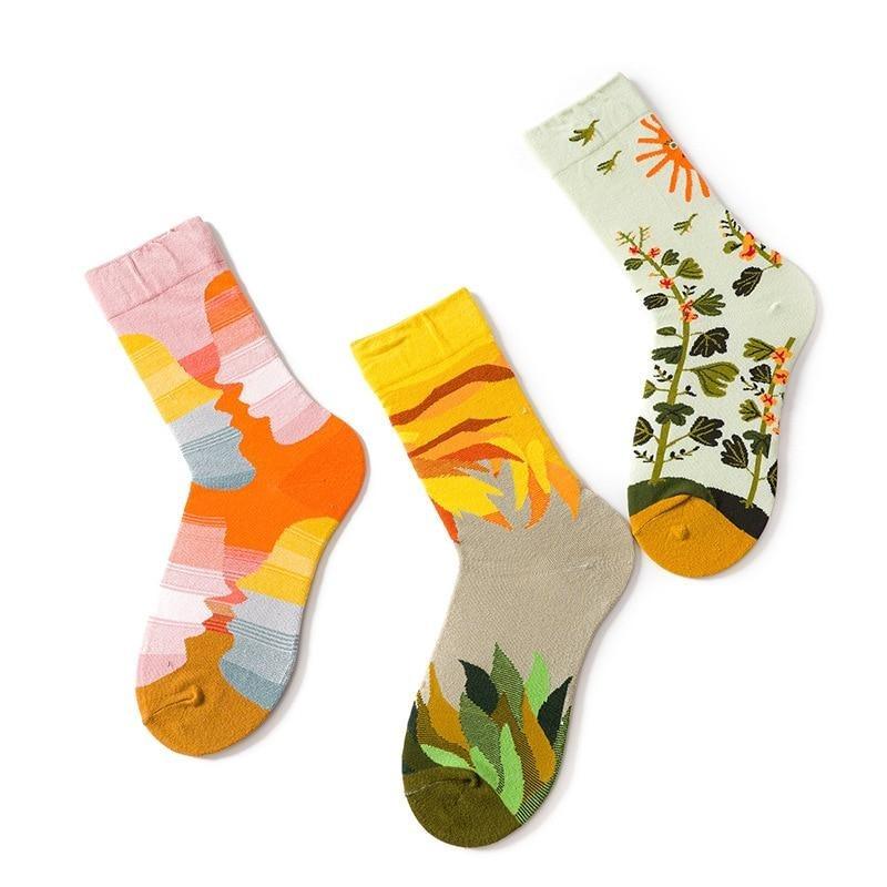Chaussettes courtes fantaisie joyeuses et amusantes pour femmes, chaussettes en coton peigné pur, art abstrait, peinture à l'huile, chaussettes style français pour hommes et femmes