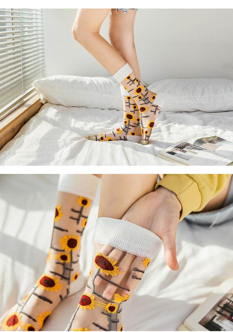 Chaussettes Nouveauté Harajuku en Soie de Cristal, Chaussettes Fantaisie Tournesols Vignes Fleurs, Chaussettes Amusantes Décontractées de Haute Qualité pour Femmes
