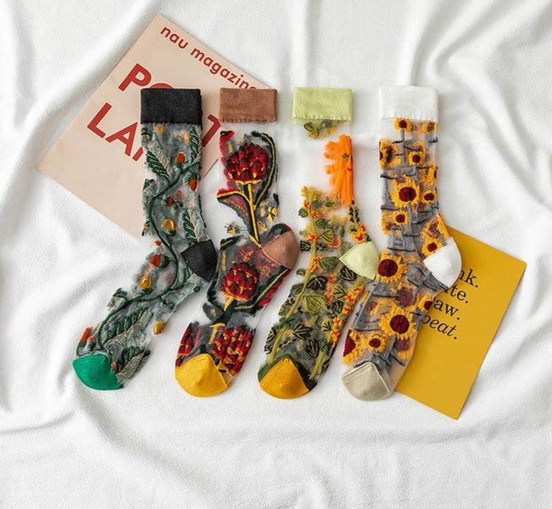 Chaussettes Nouveauté Harajuku en Soie de Cristal, Chaussettes Fantaisie Tournesols Vignes Fleurs, Chaussettes Amusantes Décontractées de Haute Qualité pour Femmes