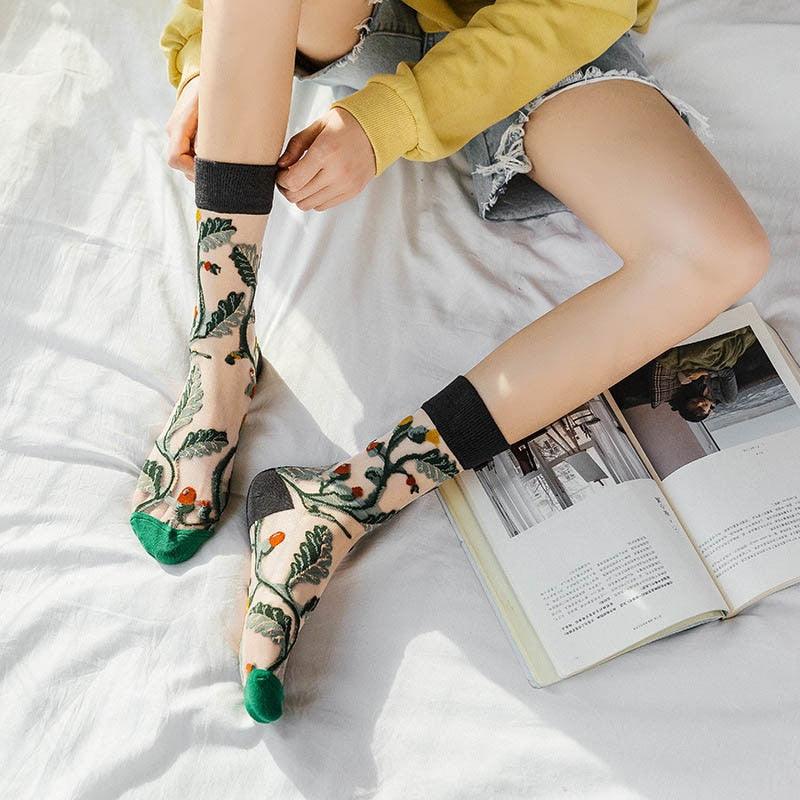Chaussettes Nouveauté Harajuku en Soie de Cristal, Chaussettes Fantaisie Tournesols Vignes Fleurs, Chaussettes Amusantes Décontractées de Haute Qualité pour Femmes