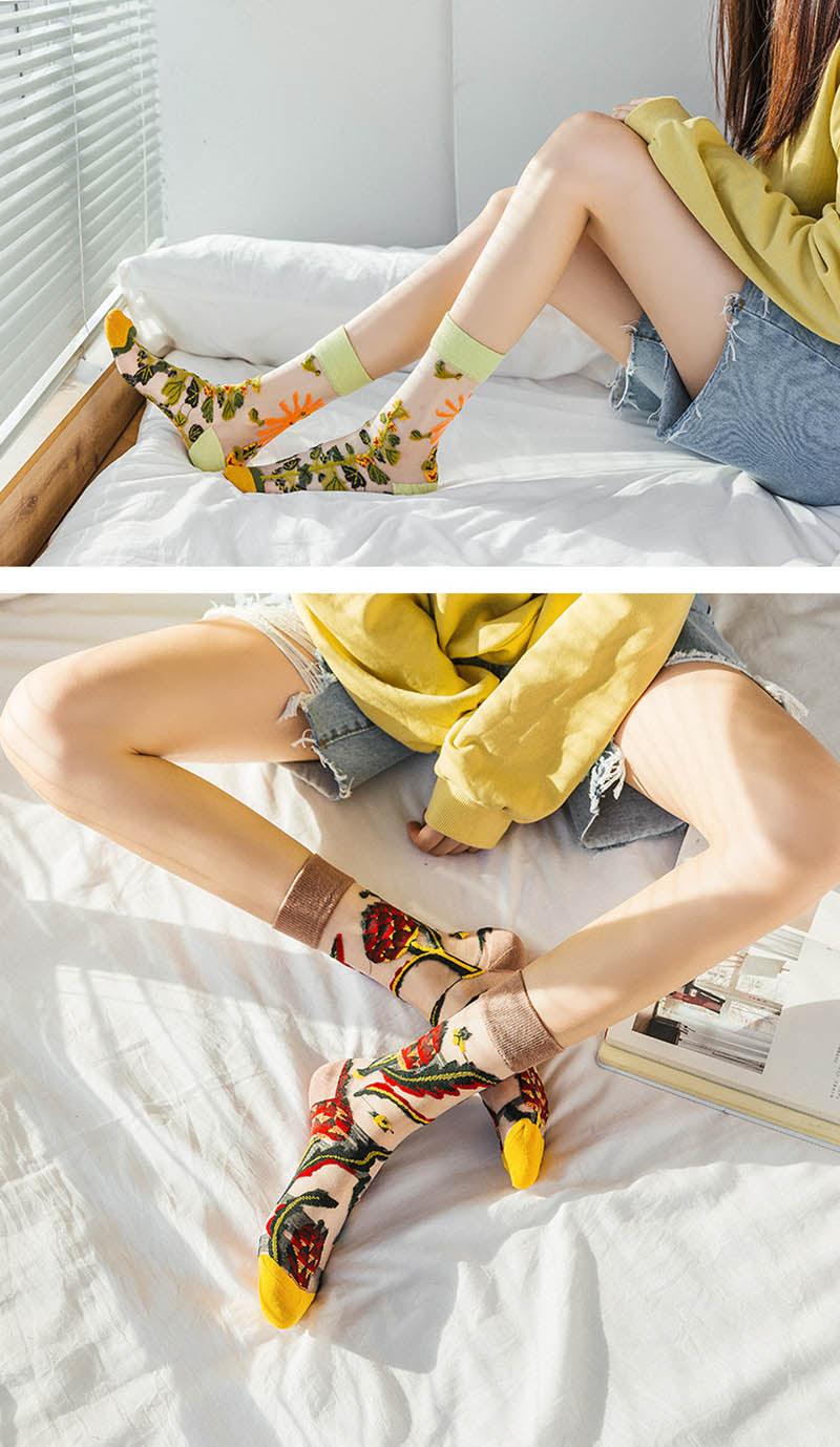 Chaussettes Nouveauté Harajuku en Soie de Cristal, Chaussettes Fantaisie Tournesols Vignes Fleurs, Chaussettes Amusantes Décontractées de Haute Qualité pour Femmes
