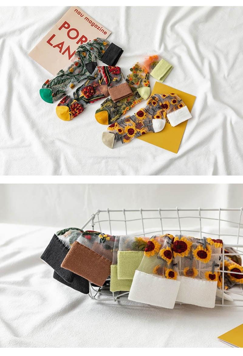 Chaussettes Nouveauté Harajuku en Soie de Cristal, Chaussettes Fantaisie Tournesols Vignes Fleurs, Chaussettes Amusantes Décontractées de Haute Qualité pour Femmes
