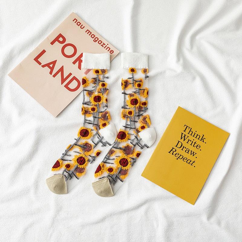Chaussettes Nouveauté Harajuku en Soie de Cristal, Chaussettes Fantaisie Tournesols Vignes Fleurs, Chaussettes Amusantes Décontractées de Haute Qualité pour Femmes