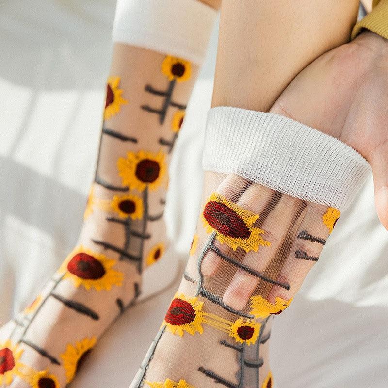 Chaussettes Nouveauté Harajuku en Soie de Cristal, Chaussettes Fantaisie Tournesols Vignes Fleurs, Chaussettes Amusantes Décontractées de Haute Qualité pour Femmes