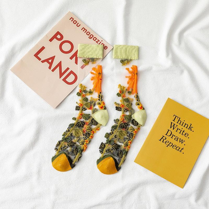 Chaussettes Nouveauté Harajuku en Soie de Cristal, Chaussettes Fantaisie Tournesols Vignes Fleurs, Chaussettes Amusantes Décontractées de Haute Qualité pour Femmes