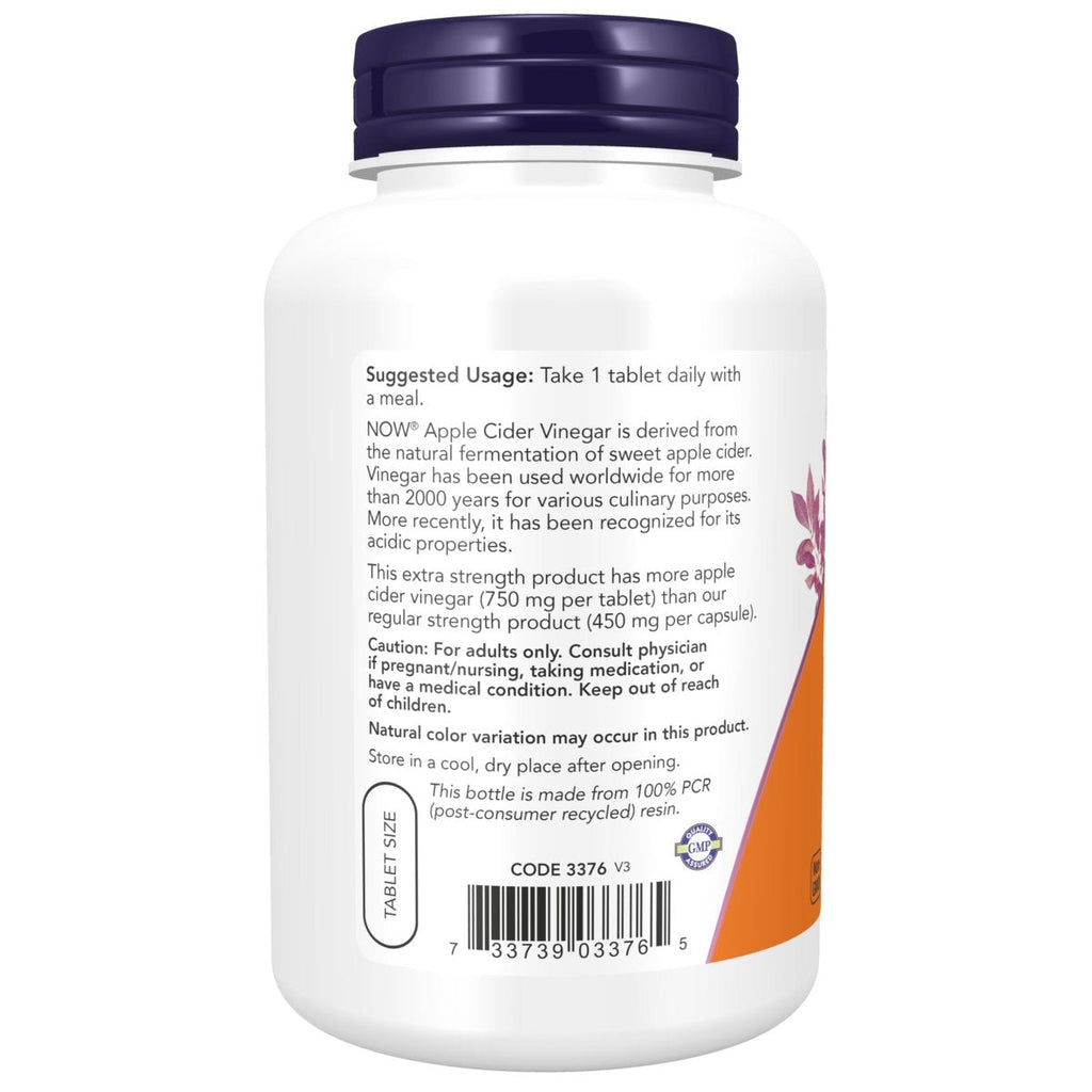 Vinaigre de cidre de pomme extra fort 750mg 180 comprimés Now Foods - 3376