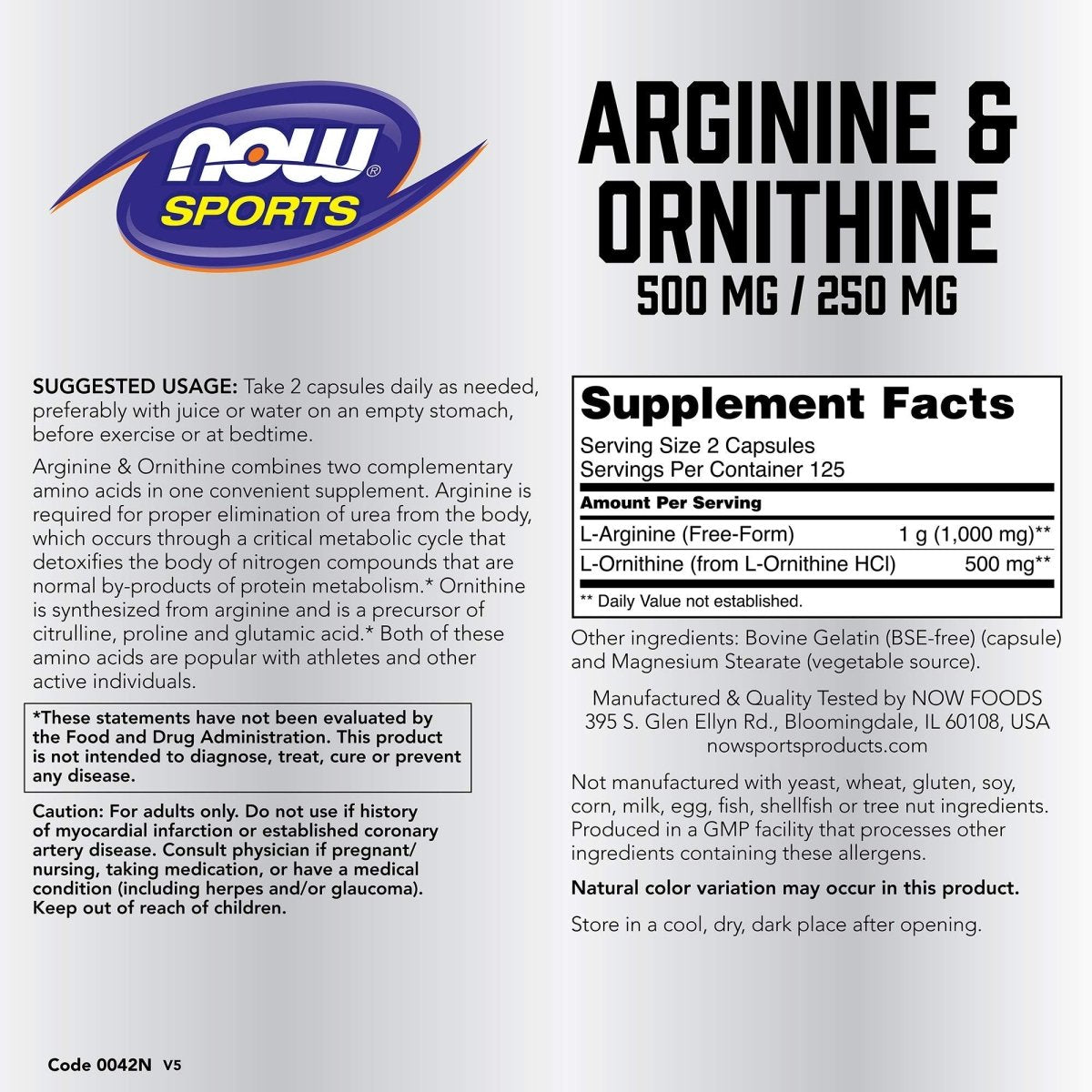 Now Sports Arginine & Ornithine 500 mg / 250 mg 250 végécapsules - 0042