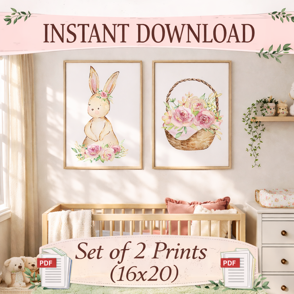 Lot de 2 affiches murales pour chambre de bébé « Lapin » – Lapin et panier fleuris 40x50 cm – Téléchargement instantané PDF – Décoration de chambre de petite fille